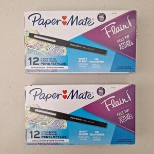 Paper Mate Flair Felt Tip Pens, Medium Point (0.7mm), Black, 12 Count NEW, 2 PKS